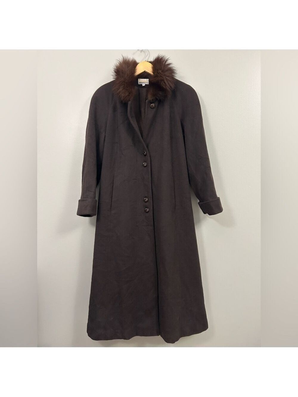 Lorovi Vintage Dark Brown Wool Trench Coat with Blue Fox Fur Collar Size 4